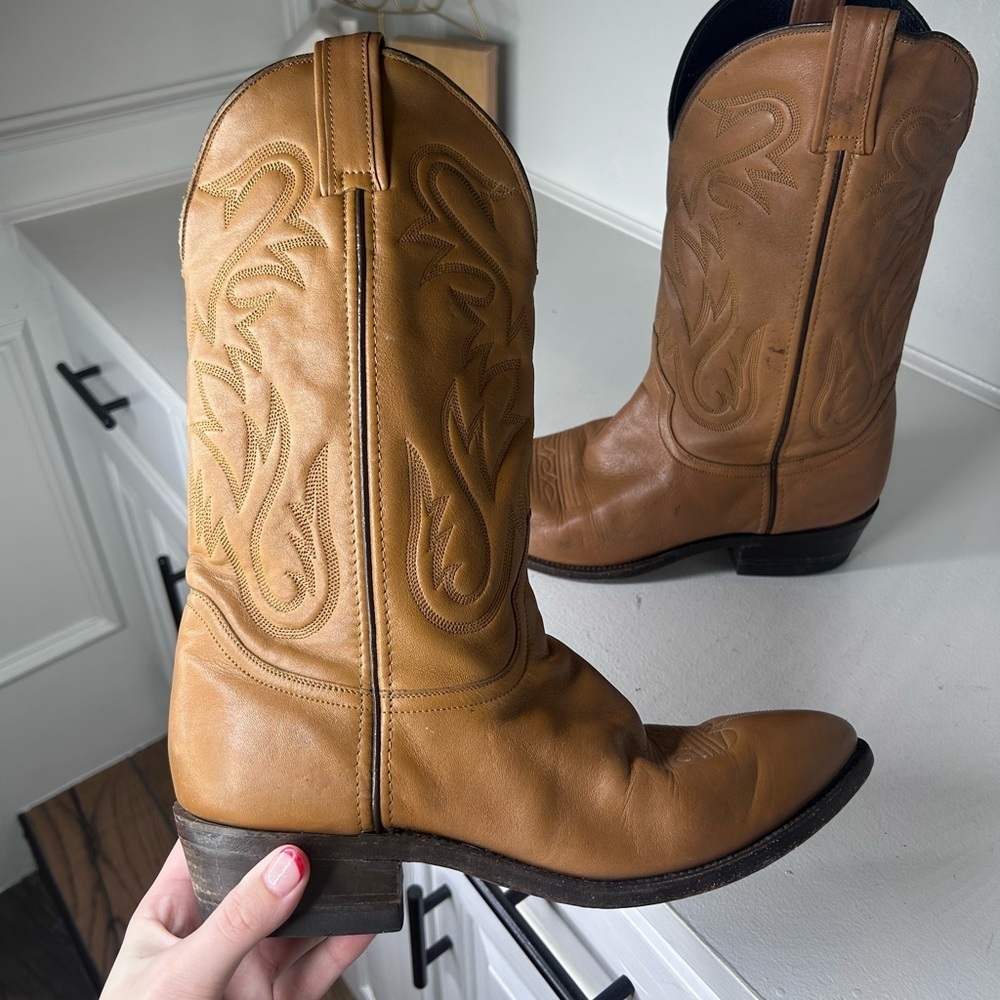 Vintage Laredo Mens 10D Tan Brown Leather Cowboy Boots Pointed Toe Western - Picture 6 of 10